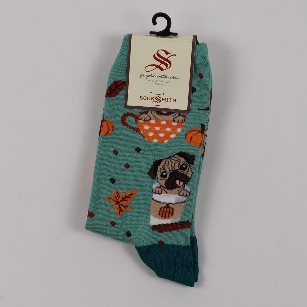 Sock Smith Crew Socks Pugkin Spice Latte Green Pumpkin Dog NWT